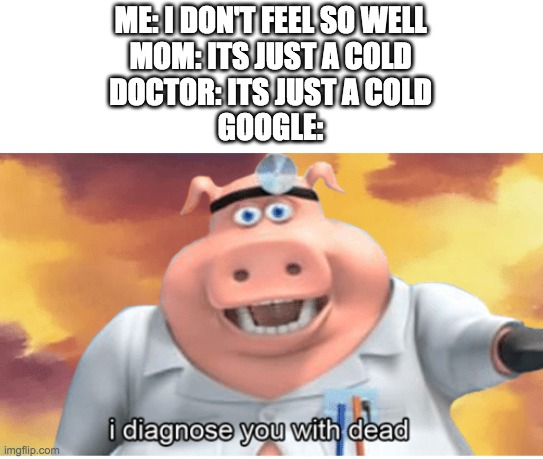 google be like | ME: I DON'T FEEL SO WELL
MOM: ITS JUST A COLD
DOCTOR: ITS JUST A COLD
GOOGLE: | image tagged in i diagnose you with dead | made w/ Imgflip meme maker