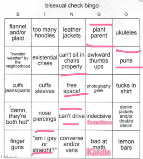 Bi Bingo | Sometimes; Kinda | image tagged in bisexual bingo,demisexual_sponge | made w/ Imgflip meme maker