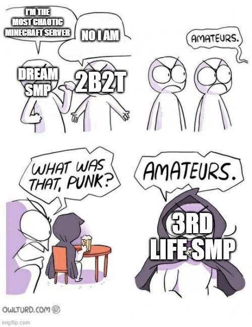 lol | I'M THE MOST CHAOTIC MINECRAFT SERVER; NO I AM; DREAM SMP; 2B2T; 3RD LIFE SMP | image tagged in amateurs | made w/ Imgflip meme maker