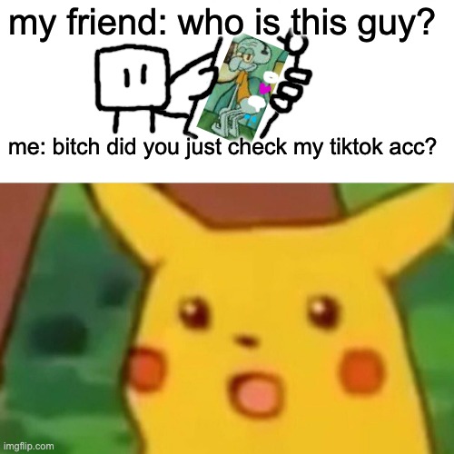 Surprised Pikachu | my friend: who is this guy? me: bitch did you just check my tiktok acc? | image tagged in memes,surprised pikachu | made w/ Imgflip meme maker