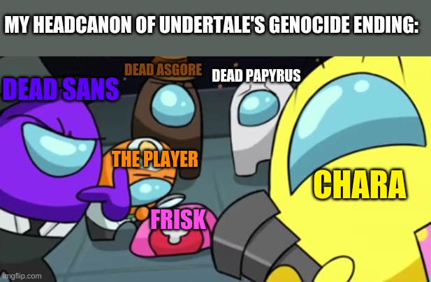 Funnee | MY HEADCANON OF UNDERTALE'S GENOCIDE ENDING:; DEAD ASGORE; DEAD PAPYRUS; DEAD SANS; THE PLAYER; CHARA; FRISK | image tagged in among us dead body | made w/ Imgflip meme maker