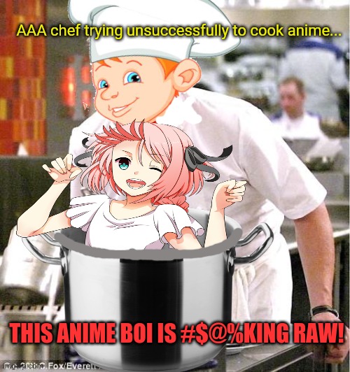 The chef attacks! | AAA chef trying unsuccessfully to cook anime... THIS ANIME BOI IS #$@%KING RAW! | image tagged in memes,chef gordon ramsay,chef,aaa,penguins,astolfo | made w/ Imgflip meme maker