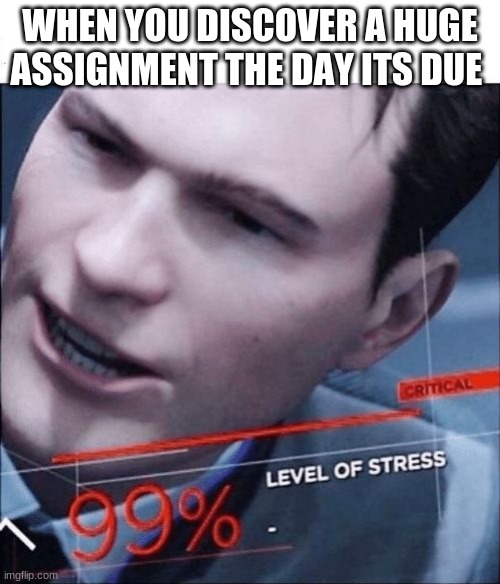 This just happened eek | WHEN YOU DISCOVER A HUGE ASSIGNMENT THE DAY ITS DUE | image tagged in 99 level of stress,memes,funny memes,funny | made w/ Imgflip meme maker