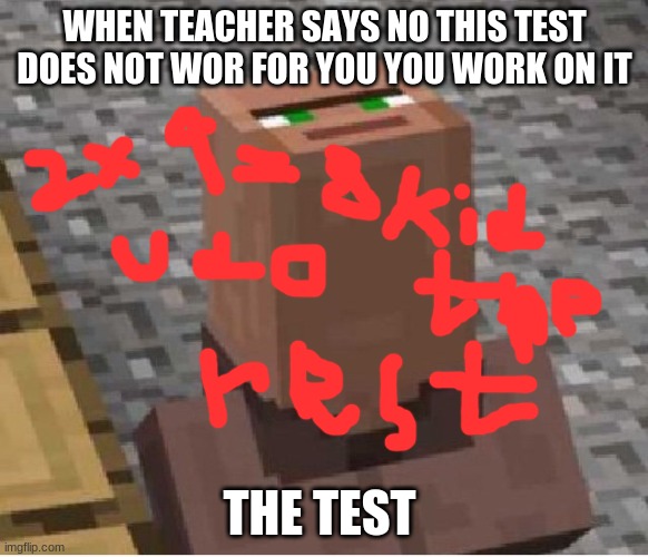Minecraft Villager Looking Up | WHEN TEACHER SAYS NO THIS TEST DOES NOT WOR FOR YOU YOU WORK ON IT; THE TEST | image tagged in minecraft villager looking up | made w/ Imgflip meme maker