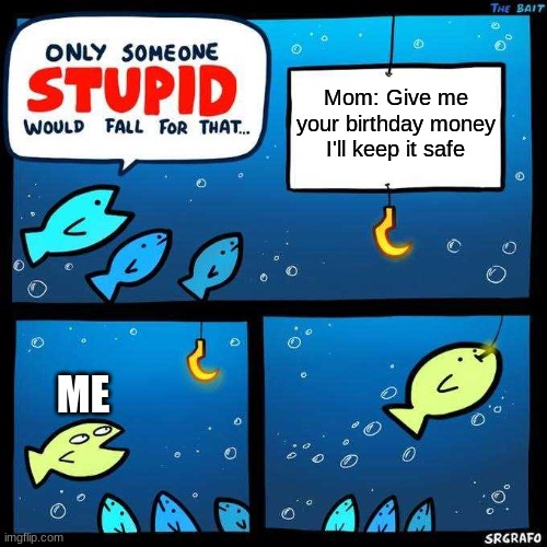 Only someone stupid would fall for that | Mom: Give me your birthday money I'll keep it safe; ME | image tagged in only someone stupid would fall for that,unfunny,memes,stupid people,so true memes | made w/ Imgflip meme maker