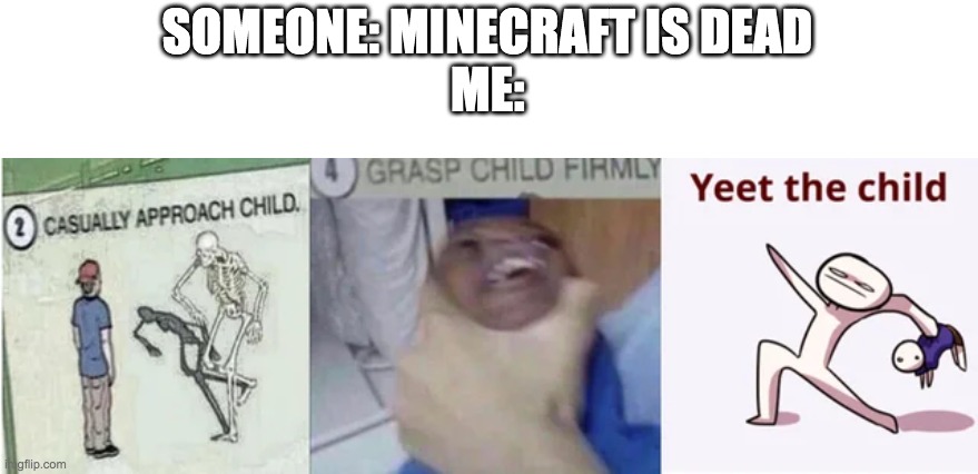 *Grasping intensifies* | SOMEONE: MINECRAFT IS DEAD
ME: | image tagged in casually approach child grasp child firmly yeet the child | made w/ Imgflip meme maker