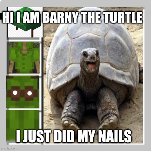 HI I AM BARNY THE TURTLE; I JUST DID MY NAILS | image tagged in turtle,minecraft,inventory | made w/ Imgflip meme maker
