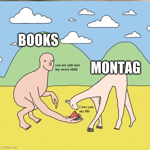 Fahrenheit 451 | BOOKS; MONTAG | image tagged in fahrenheit 451,books,old books | made w/ Imgflip meme maker