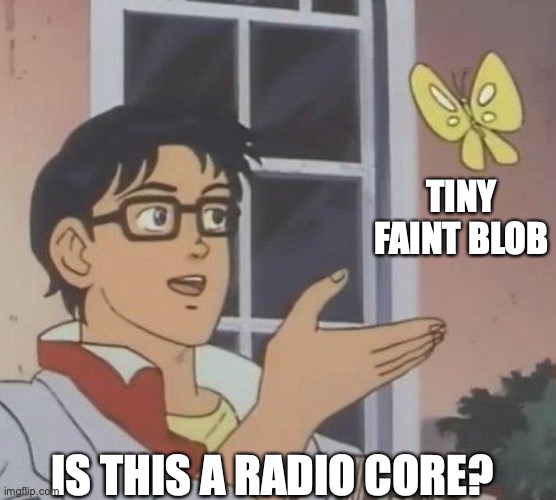 High-resolution radio-astronomy images | TINY FAINT BLOB; IS THIS A RADIO CORE? | image tagged in is this butterfly | made w/ Imgflip meme maker