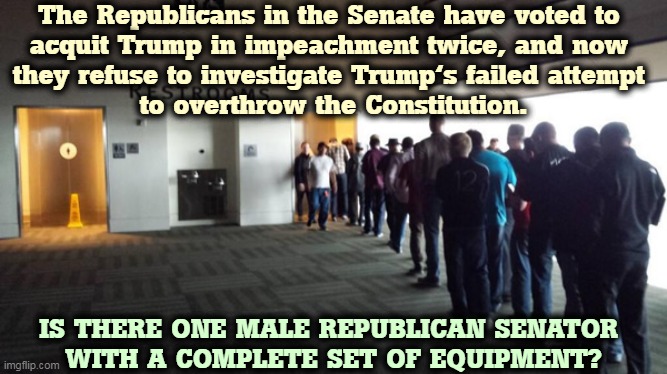 A bunch of Sopranos in both senses, criminal conduct and vocal range. | The Republicans in the Senate have voted to 
acquit Trump in impeachment twice, and now 
they refuse to investigate Trump's failed attempt 
to overthrow the Constitution. IS THERE ONE MALE REPUBLICAN SENATOR 
WITH A COMPLETE SET OF EQUIPMENT? | image tagged in republican,senators,weak,shameless | made w/ Imgflip meme maker