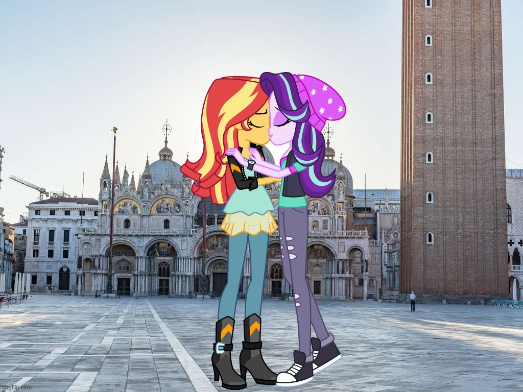 Sunset x Starlight kissing before boat funtime in Venice, Italy | image tagged in sunset shimmer,starlight glimmer,my little pony,venice,italy,pride month | made w/ Imgflip meme maker