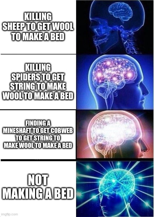 big brain time | KILLING SHEEP TO GET WOOL TO MAKE A BED; KILLING SPIDERS TO GET STRING TO MAKE WOOL TO MAKE A BED; FINDING A MINESHAFT TO GET COBWEB TO GET STRING TO MAKE WOOL TO MAKE A BED; NOT MAKING A BED | image tagged in memes,expanding brain,minecraft | made w/ Imgflip meme maker