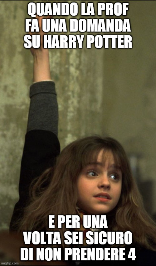 Hermione Granger | QUANDO LA PROF FA UNA DOMANDA SU HARRY POTTER; E PER UNA VOLTA SEI SICURO DI NON PRENDERE 4 | image tagged in hermione granger | made w/ Imgflip meme maker