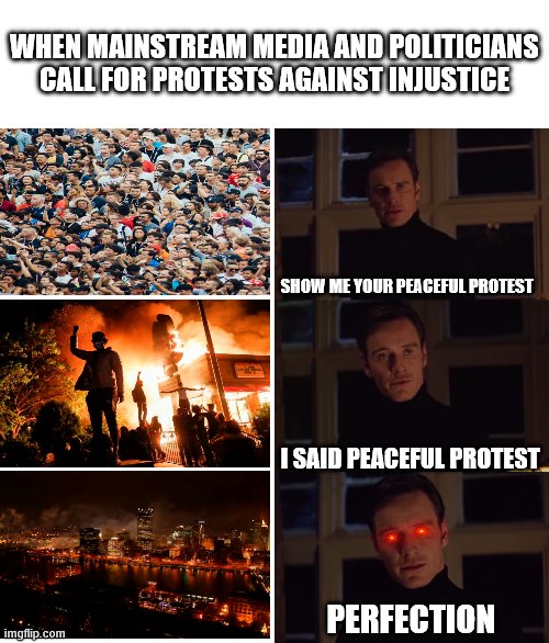 ... Mostly | WHEN MAINSTREAM MEDIA AND POLITICIANS CALL FOR PROTESTS AGAINST INJUSTICE; SHOW ME YOUR PEACEFUL PROTEST; I SAID PEACEFUL PROTEST; PERFECTION | image tagged in perfection,mostly peaceful,protest,riot | made w/ Imgflip meme maker