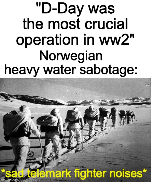 "D-Day was the most crucial operation in ww2"; Norwegian heavy water sabotage:; *sad telemark fighter noises* | image tagged in lol,history | made w/ Imgflip meme maker