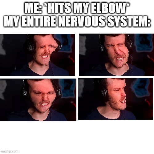 Blank Transparent Square | ME: *HITS MY ELBOW*
MY ENTIRE NERVOUS SYSTEM: | image tagged in memes,blank transparent square,funny,meme,funny memes,funny meme | made w/ Imgflip meme maker