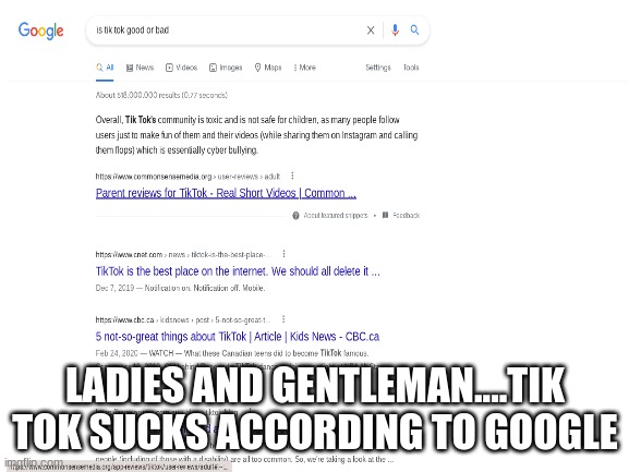 ah yes |  LADIES AND GENTLEMAN....TIK TOK SUCKS ACCORDING TO GOOGLE | image tagged in tik tok sucks | made w/ Imgflip meme maker
