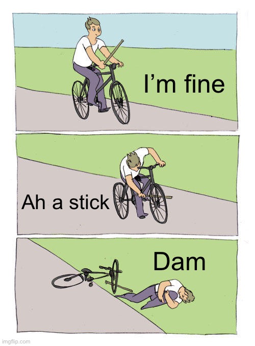 Bike Fall Meme | I’m fine; Ah a stick; Dam | image tagged in memes,bike fall | made w/ Imgflip meme maker