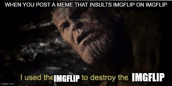 use the imgflip wisly | WHEN YOU POST A MEME THAT INSULTS IMGFLIP ON IMGFLIP; IMGFLIP; IMGFLIP | image tagged in i used the stones to destroy the stones | made w/ Imgflip meme maker