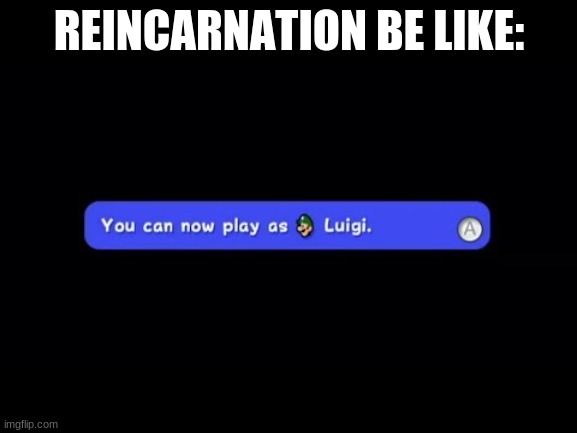 You Can Now Play as Luigi |  REINCARNATION BE LIKE: | image tagged in you can now play as luigi | made w/ Imgflip meme maker