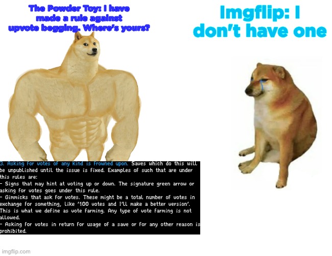 Come on, it's not that hard, just get a owner of the fun stream to add this submission rule and we'll be saved. | The Powder Toy: I have made a rule against upvote begging. Where's yours? Imgflip: I don't have one | image tagged in memes,buff doge vs cheems,upvote,beggars,upvote beggars,farmers | made w/ Imgflip meme maker