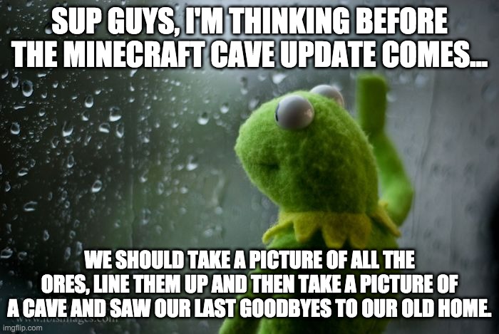 Let's post the pictures in the comments and say our goodbyes. | SUP GUYS, I'M THINKING BEFORE THE MINECRAFT CAVE UPDATE COMES... WE SHOULD TAKE A PICTURE OF ALL THE ORES, LINE THEM UP AND THEN TAKE A PICTURE OF A CAVE AND SAW OUR LAST GOODBYES TO OUR OLD HOME. | image tagged in kermit window | made w/ Imgflip meme maker