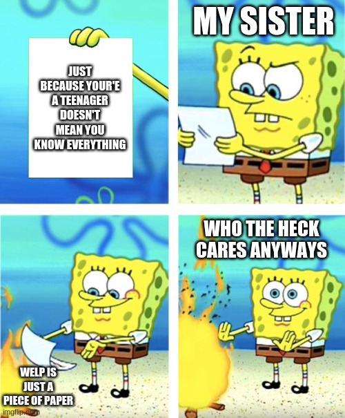 Teenagers | MY SISTER; JUST BECAUSE YOUR'E A TEENAGER DOESN'T MEAN YOU KNOW EVERYTHING; WHO THE HECK CARES ANYWAYS; WELP IS JUST A PIECE OF PAPER | image tagged in spongebob burning paper | made w/ Imgflip meme maker