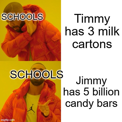 Drake Hotline Bling Meme | Timmy has 3 milk cartons Jimmy has 5 billion candy bars SCHOOLS SCHOOLS | image tagged in memes,drake hotline bling | made w/ Imgflip meme maker