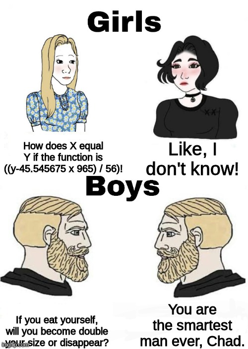 Questions girls ask vs questions boys ask |  How does X equal Y if the function is ((y-45.545675 x 965) / 56)! Like, I don't know! You are the smartest man ever, Chad. If you eat yourself, will you become double your size or disappear? | image tagged in girls vs boys,lol,lel,wojak,barney will eat all of your delectable biscuits,stop reading the tags | made w/ Imgflip meme maker