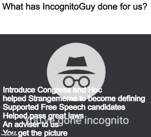 So don't waste time on some other HOC, Vote IncognitoGuy instead! | What has IncognitoGuy done for us? Introduce Congress and Hoc
helped Strangememe to become defining
Supported Free Speech candidates
Helped pass great laws
An adviser to us
You get the picture | image tagged in you've gone incognito,adviser,president | made w/ Imgflip meme maker