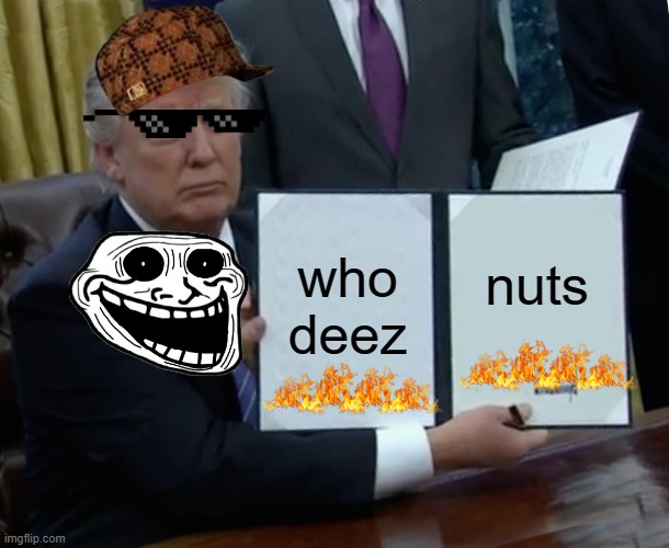 Who Deez | who deez; nuts | image tagged in memes,trump bill signing,funny memes,lol so funny | made w/ Imgflip meme maker