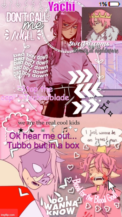 Yachi's technoblade temp | Ok hear me out...
Tubbo but in a box | image tagged in yachi's technoblade temp | made w/ Imgflip meme maker