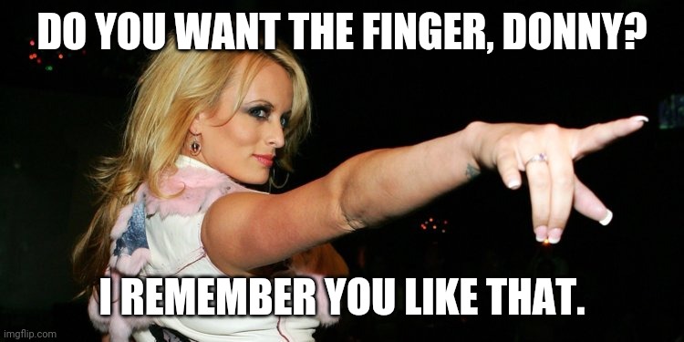 Stormy Daniels | DO YOU WANT THE FINGER, DONNY? I REMEMBER YOU LIKE THAT. | image tagged in stormy daniels | made w/ Imgflip meme maker