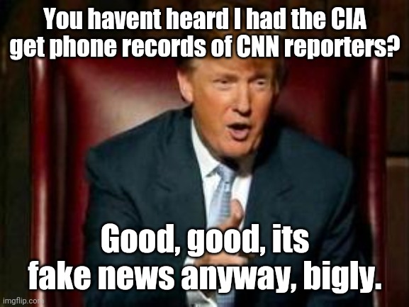 Donald Trump | You havent heard I had the CIA get phone records of CNN reporters? Good, good, its fake news anyway, bigly. | image tagged in donald trump | made w/ Imgflip meme maker