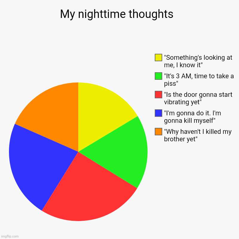 Pointless pie chart go brrr | My nighttime thoughts  | "Why haven't I killed my brother yet", "I'm gonna do it. I'm gonna kill myself", "Is the door gonna start vibrating | image tagged in charts,pie charts | made w/ Imgflip chart maker