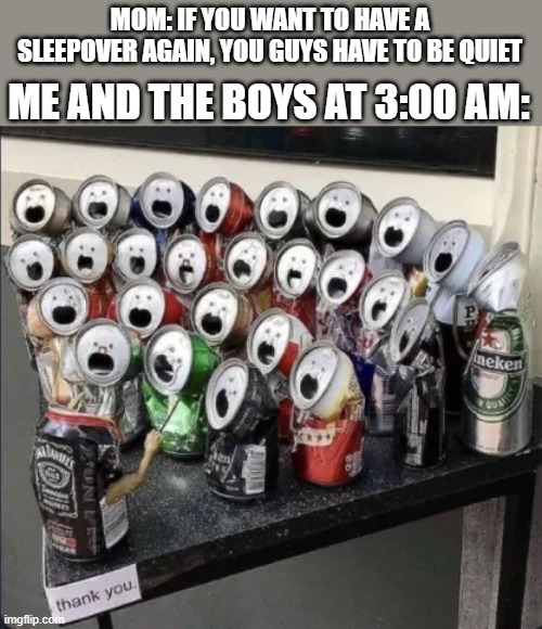 This is so true |  ME AND THE BOYS AT 3:00 AM:; MOM: IF YOU WANT TO HAVE A SLEEPOVER AGAIN, YOU GUYS HAVE TO BE QUIET | image tagged in me and the boys at 3 am,me and the boys,loud,sleepover | made w/ Imgflip meme maker