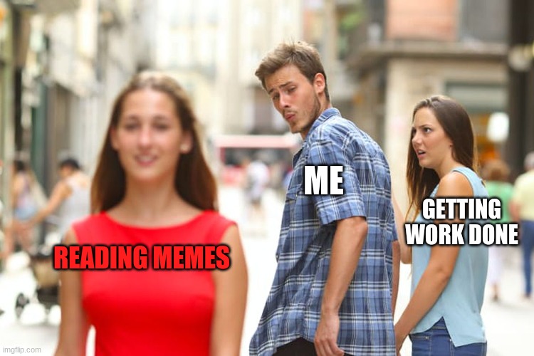 Distracted Boyfriend | ME; GETTING WORK DONE; READING MEMES | image tagged in memes,distracted boyfriend | made w/ Imgflip meme maker