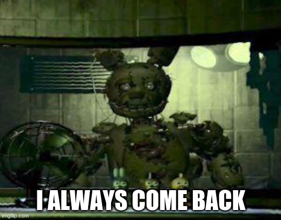 FNAF Springtrap in window | I ALWAYS COME BACK | image tagged in fnaf springtrap in window | made w/ Imgflip meme maker