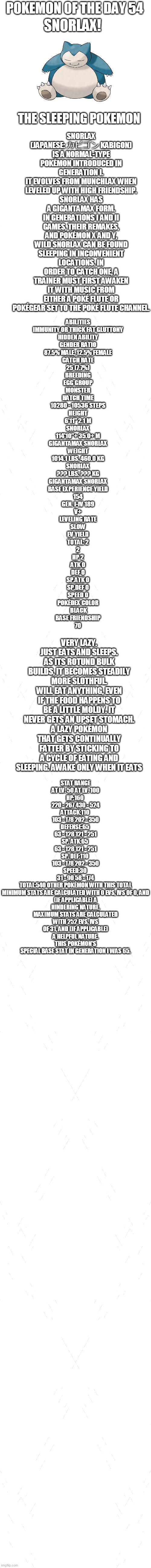 pokemon of the day 54 | POKEMON OF THE DAY 54; SNORLAX! SNORLAX (JAPANESE: カビゴン KABIGON) IS A NORMAL-TYPE POKÉMON INTRODUCED IN GENERATION I.
IT EVOLVES FROM MUNCHLAX WHEN LEVELED UP WITH HIGH FRIENDSHIP.
SNORLAX HAS A GIGANTAMAX FORM.
IN GENERATIONS I AND II GAMES, THEIR REMAKES, AND POKÉMON X AND Y, WILD SNORLAX CAN BE FOUND SLEEPING IN INCONVENIENT LOCATIONS. IN ORDER TO CATCH ONE, A TRAINER MUST FIRST AWAKEN IT WITH MUSIC FROM EITHER A POKÉ FLUTE OR POKÉGEAR SET TO THE POKÉ FLUTE CHANNEL. THE SLEEPING POKEMON; ABILITIES
IMMUNITY OR THICK FAT	GLUTTONY
HIDDEN ABILITY
GENDER RATIO
87.5% MALE, 12.5% FEMALE
CATCH RATE
25 (7.7%)
BREEDING
EGG GROUP
MONSTER
HATCH TIME
10280 - 10536 STEPS
HEIGHT
6'11"	2.1 M
SNORLAX
114'10"+	35.0+ M
GIGANTAMAX SNORLAX
WEIGHT
1014.1 LBS.	460.0 KG
SNORLAX
??? LBS.	??? KG
GIGANTAMAX SNORLAX
BASE EXPERIENCE YIELD
154
GEN. I-IV	189
V+
LEVELING RATE
SLOW
EV YIELD
TOTAL: 2
2
HP	2
ATK	0
DEF	0
SP.ATK	0
SP.DEF	0
SPEED 0
POKÉDEX COLOR
 BLACK
BASE FRIENDSHIP
70; VERY LAZY. JUST EATS AND SLEEPS. AS ITS ROTUND BULK BUILDS, IT BECOMES STEADILY MORE SLOTHFUL.
WILL EAT ANYTHING, EVEN IF THE FOOD HAPPENS TO BE A LITTLE MOLDY. IT NEVER GETS AN UPSET STOMACH.
A LAZY POKÉMON THAT GETS CONTINUALLY FATTER BY STICKING TO A CYCLE OF EATING AND SLEEPING. AWAKE ONLY WHEN IT EATS; STAT	RANGE
AT LV. 50	AT LV. 100
HP:160	
220 - 267	430 - 524
ATTACK:110	
103 - 178	202 - 350
DEFENSE:65	
63 - 128	121 - 251
SP. ATK:65	
63 - 128	121 - 251
SP. DEF:110	
103 - 178	202 - 350
SPEED:30	
31 - 90	58 - 174
TOTAL:540	OTHER POKÉMON WITH THIS TOTAL
MINIMUM STATS ARE CALCULATED WITH 0 EVS, IVS OF 0, AND (IF APPLICABLE) A HINDERING NATURE.
MAXIMUM STATS ARE CALCULATED WITH 252 EVS, IVS OF 31, AND (IF APPLICABLE) A HELPFUL NATURE.
THIS POKÉMON'S SPECIAL BASE STAT IN GENERATION I WAS 65. | image tagged in blank white template,pokemon,pokemon of the day | made w/ Imgflip meme maker
