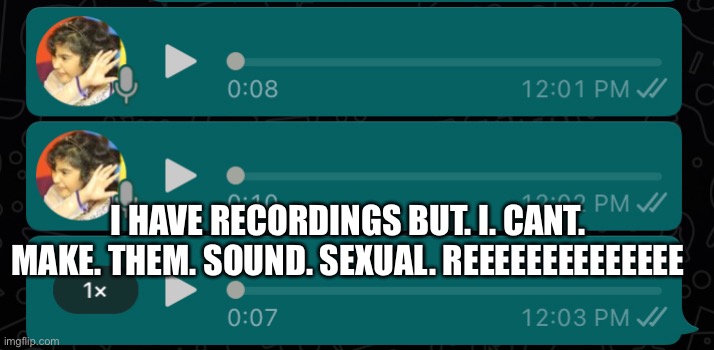 ;—; | I HAVE RECORDINGS BUT. I. CANT. MAKE. THEM. SOUND. SEXUAL. REEEEEEEEEEEEEE | made w/ Imgflip meme maker