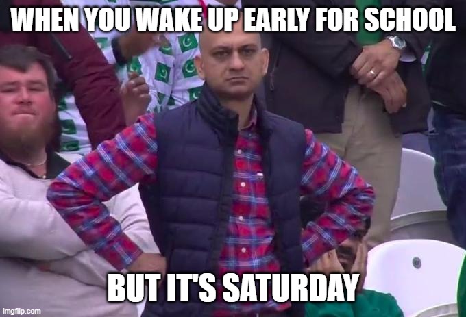 Angry Pakistani Fan |  WHEN YOU WAKE UP EARLY FOR SCHOOL; BUT IT'S SATURDAY | image tagged in angry pakistani fan | made w/ Imgflip meme maker