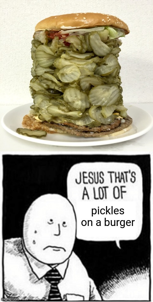 A whole bunch of pickles on a burger, mmmmm | pickles on a burger | image tagged in jesus that's a lot of,pickle,pickles,burger,burgers,memes | made w/ Imgflip meme maker