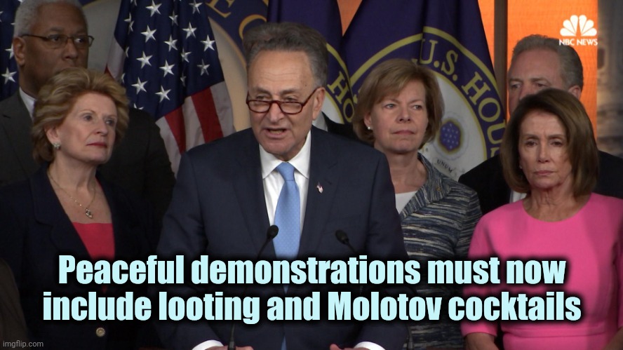 Democrat congressmen | Peaceful demonstrations must now include looting and Molotov cocktails | image tagged in democrat congressmen | made w/ Imgflip meme maker