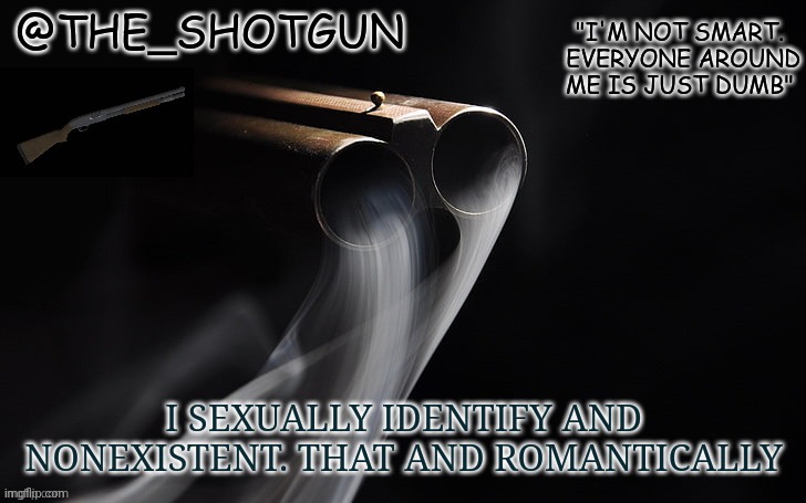Yet another temp for shotgun | I SEXUALLY IDENTIFY AND NONEXISTENT. THAT AND ROMANTICALLY | image tagged in yet another temp for shotgun | made w/ Imgflip meme maker