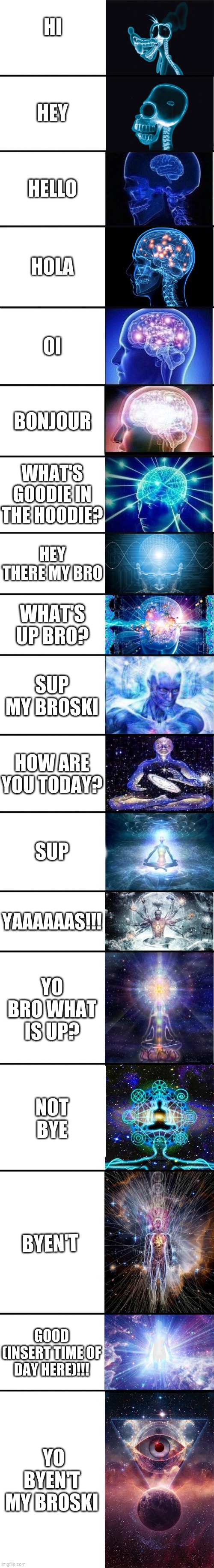 expanding brain: 9001 | HI; HEY; HELLO; HOLA; OI; BONJOUR; WHAT'S GOODIE IN THE HOODIE? HEY THERE MY BRO; WHAT'S UP BRO? SUP MY BROSKI; HOW ARE YOU TODAY? SUP; YAAAAAAS!!! YO BRO WHAT IS UP? NOT BYE; BYEN'T; GOOD (INSERT TIME OF DAY HERE)!!! YO BYEN'T MY BROSKI | image tagged in expanding brain 9001 | made w/ Imgflip meme maker