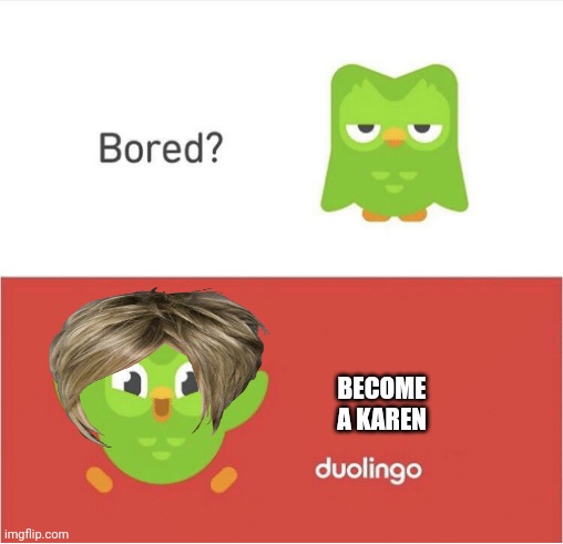Only karens can look at this meme | BECOME A KAREN | image tagged in duolingo bored | made w/ Imgflip meme maker