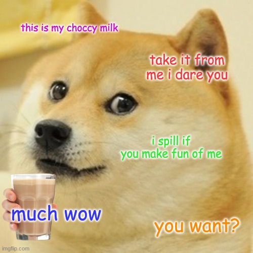 want some choccy milk ?(just dont be rude ) | this is my choccy milk; take it from me i dare you; i spill if you make fun of me; much wow; you want? | image tagged in memes,doge,choccy milk | made w/ Imgflip meme maker