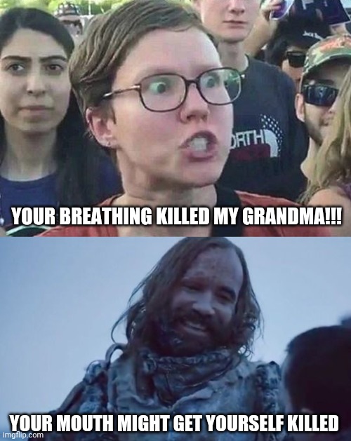 Sucks to suck. | YOUR BREATHING KILLED MY GRANDMA!!! YOUR MOUTH MIGHT GET YOURSELF KILLED | image tagged in triggered liberal,the hound,killed,grandma | made w/ Imgflip meme maker