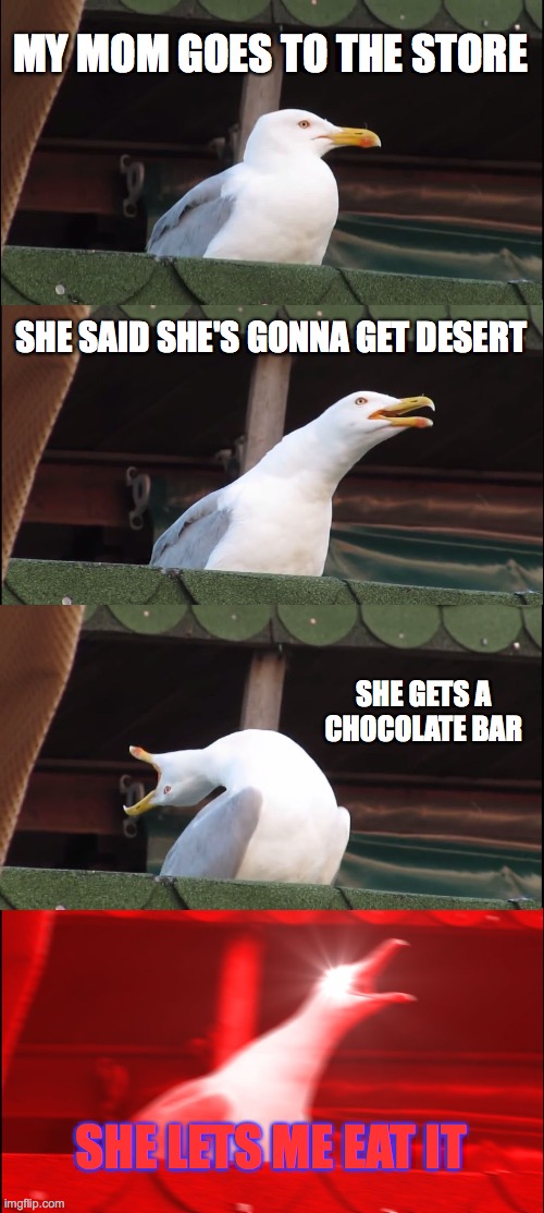 Inhaling Seagull Meme |  MY MOM GOES TO THE STORE; SHE SAID SHE'S GONNA GET DESERT; SHE GETS A CHOCOLATE BAR; SHE LETS ME EAT IT | image tagged in memes,inhaling seagull | made w/ Imgflip meme maker