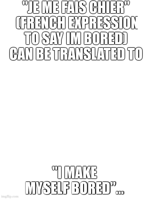 this is what i think about on weekends... | "JE ME FAIS CHIER"  (FRENCH EXPRESSION TO SAY IM BORED) CAN BE TRANSLATED TO; "I MAKE MYSELF BORED"... | image tagged in blank white template,barney will eat all of your delectable biscuits,memes,funny | made w/ Imgflip meme maker